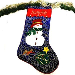 Large Christmas Stocking “ HO HO HO” w/Snowman  on front EUC